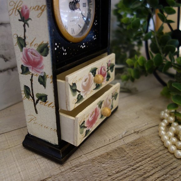 Hand Painted Checks Clock Black White Checkered Frame Clock with Pink Rose Decor - Picture 5 of 10